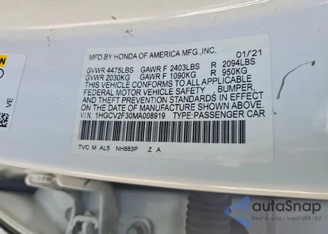 2021 Honda Accord Sport из США, поврежденный, VIN 1HGCV2F30MA008919